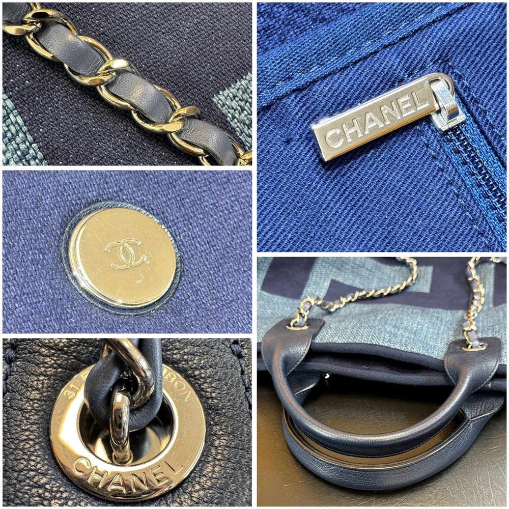 CHANEL Denim Deauville Logo Shopping Chain Tote Large Bag & Card - Picture 11 of 13